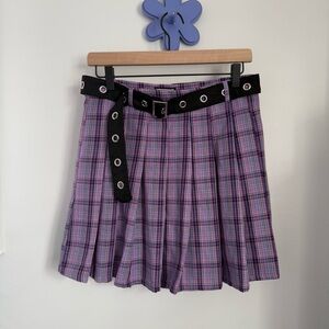 Hot Topic Medium NEW Purple Black Plaid Pleated Grommet Belt Skirt Grunge Emo